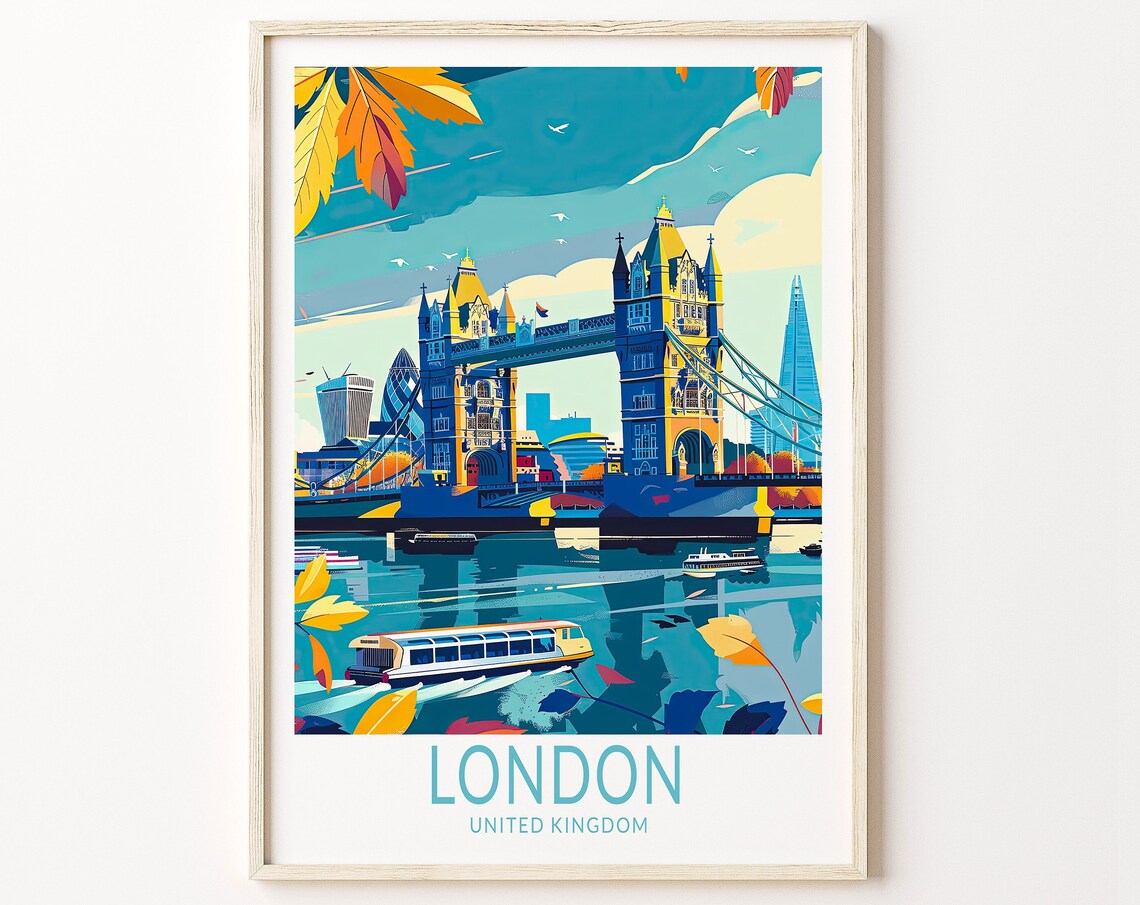 London Tower Bridge In Autumn Leaves Classic Vintage Travel Poster