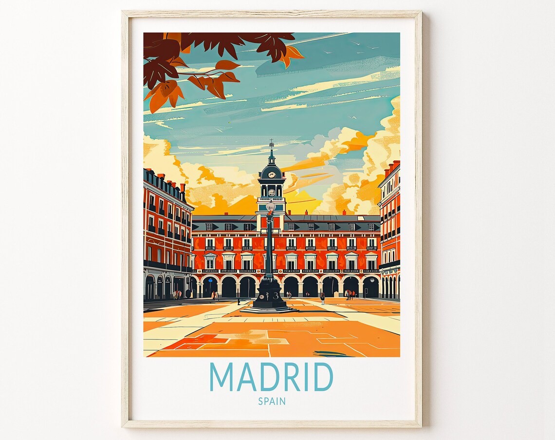 Madrid Spain Plaza Mayor Red Arcade Buildings Vintage Travel Poster