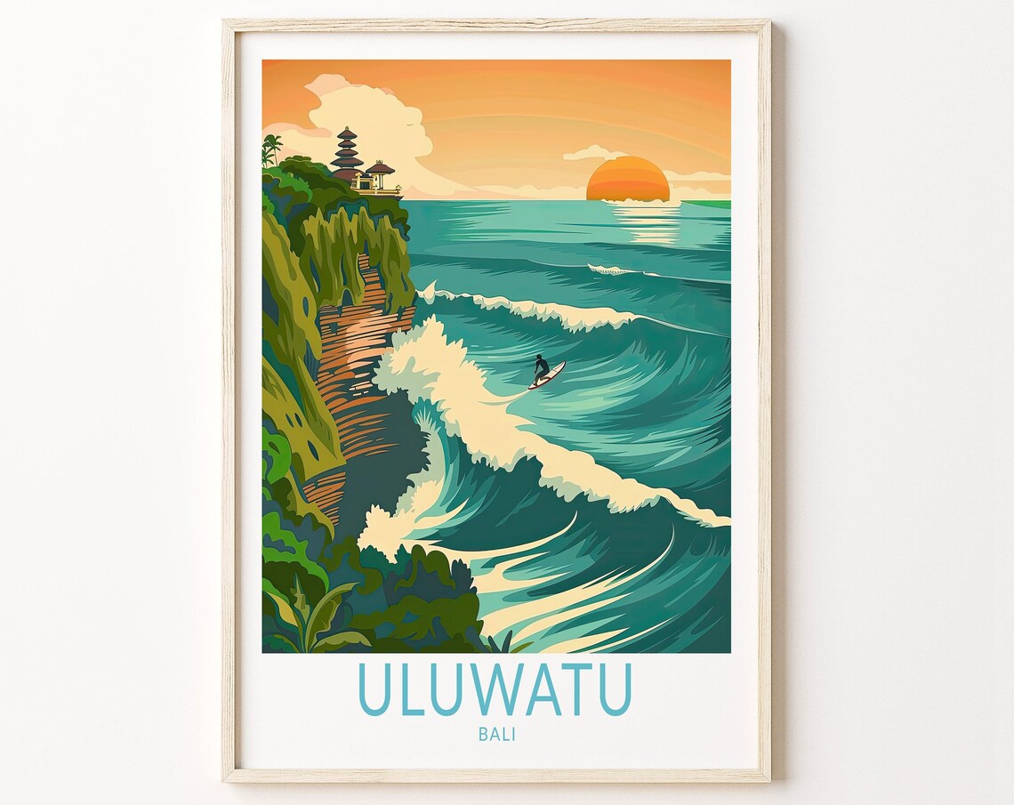 Uluwatu Bali Surfer Riding a Giant Wave at Sunset Travel Poster