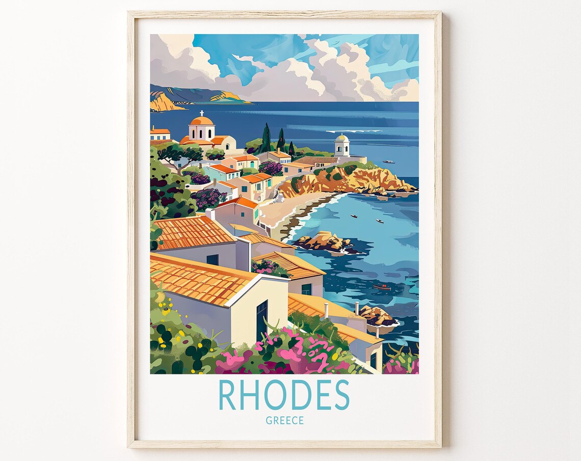 Rhodes Greece Whitewashed Village Over the Aegean Sea Travel Poster