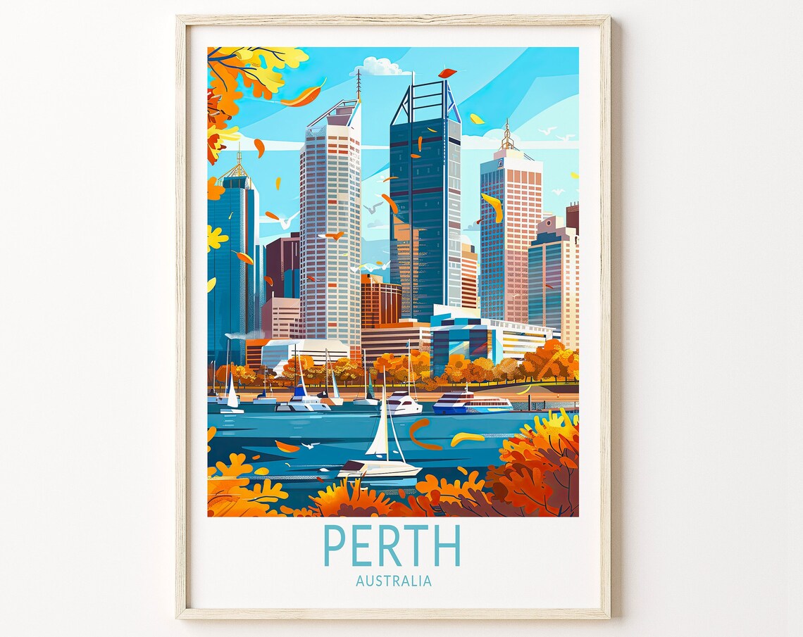 Perth Australia Autumn Skyline With Sailboats Golden Travel Poster