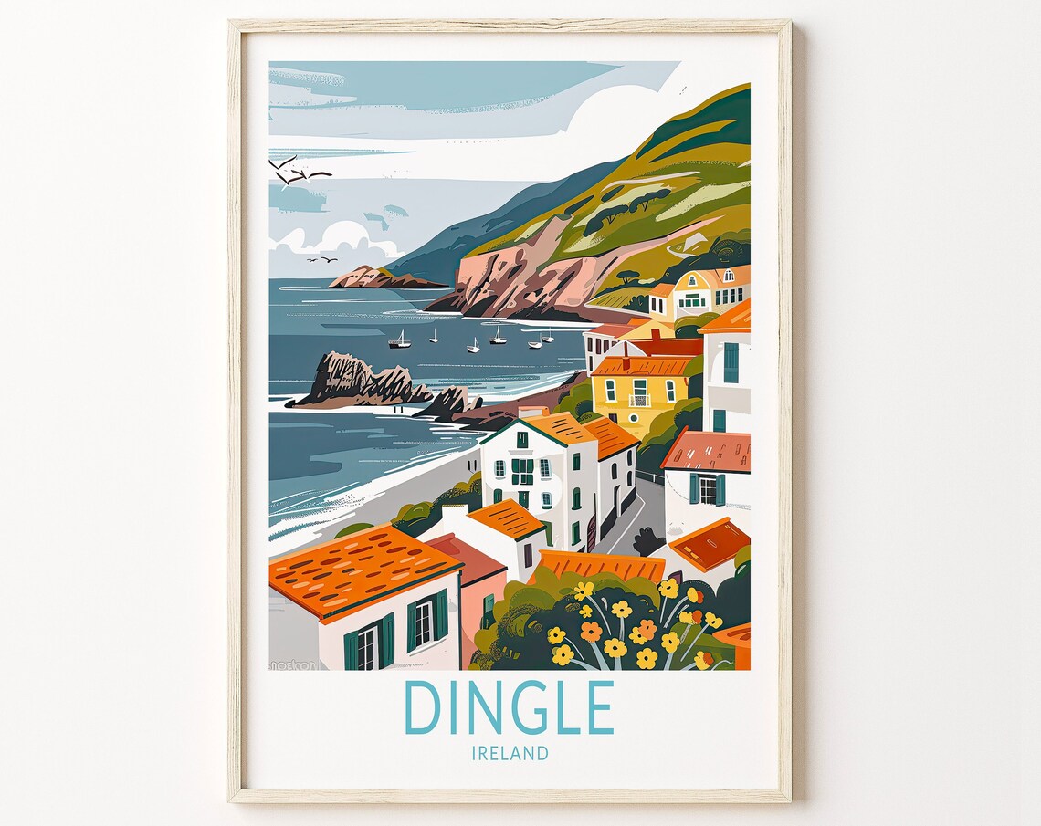 Dingle Ireland Coastal Village Harbor Scene Vintage Travel Poster