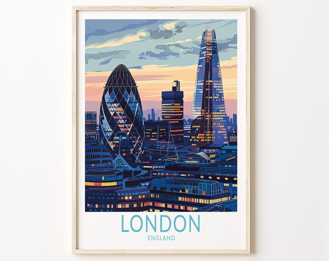 London Skyline At Dusk With The Gherkin And The Shard Travel Poster