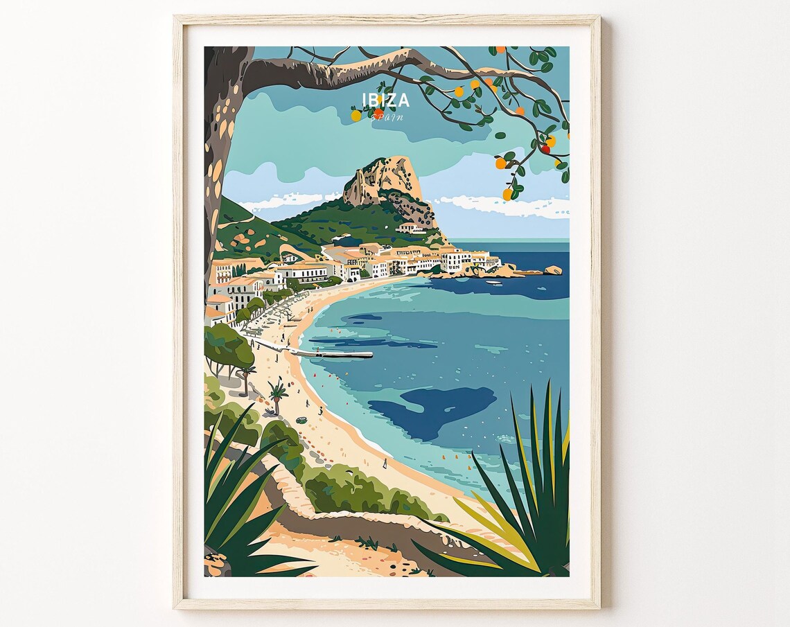 Ibiza Spain Beach Bay With Title at the Top Vintage Travel Poster