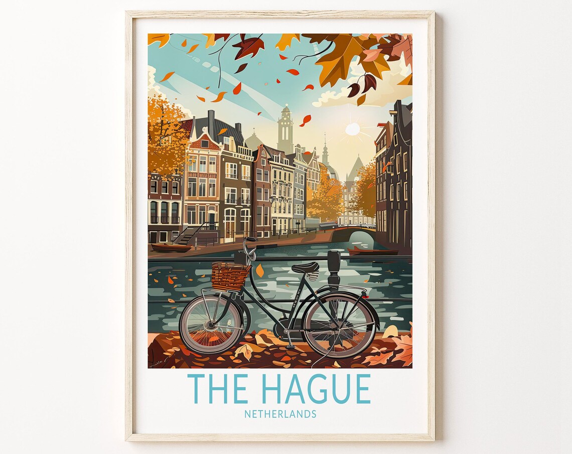The Hague Netherlands Autumn Canal with Bicycle Travel Scene Poster