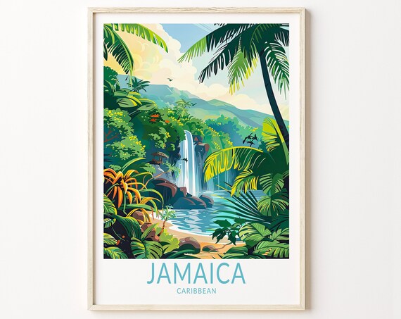 Jamaica Caribbean Waterfall Tropical Jungle Stream Palms Bottom Text Travel Poster