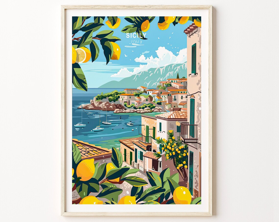Sicily Italy Travel Poster, Coastal City Print