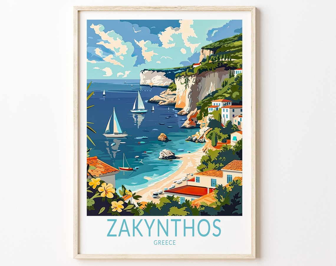 Zakynthos Greece Sailboats in a Turquoise Coastal Bay Travel Poster