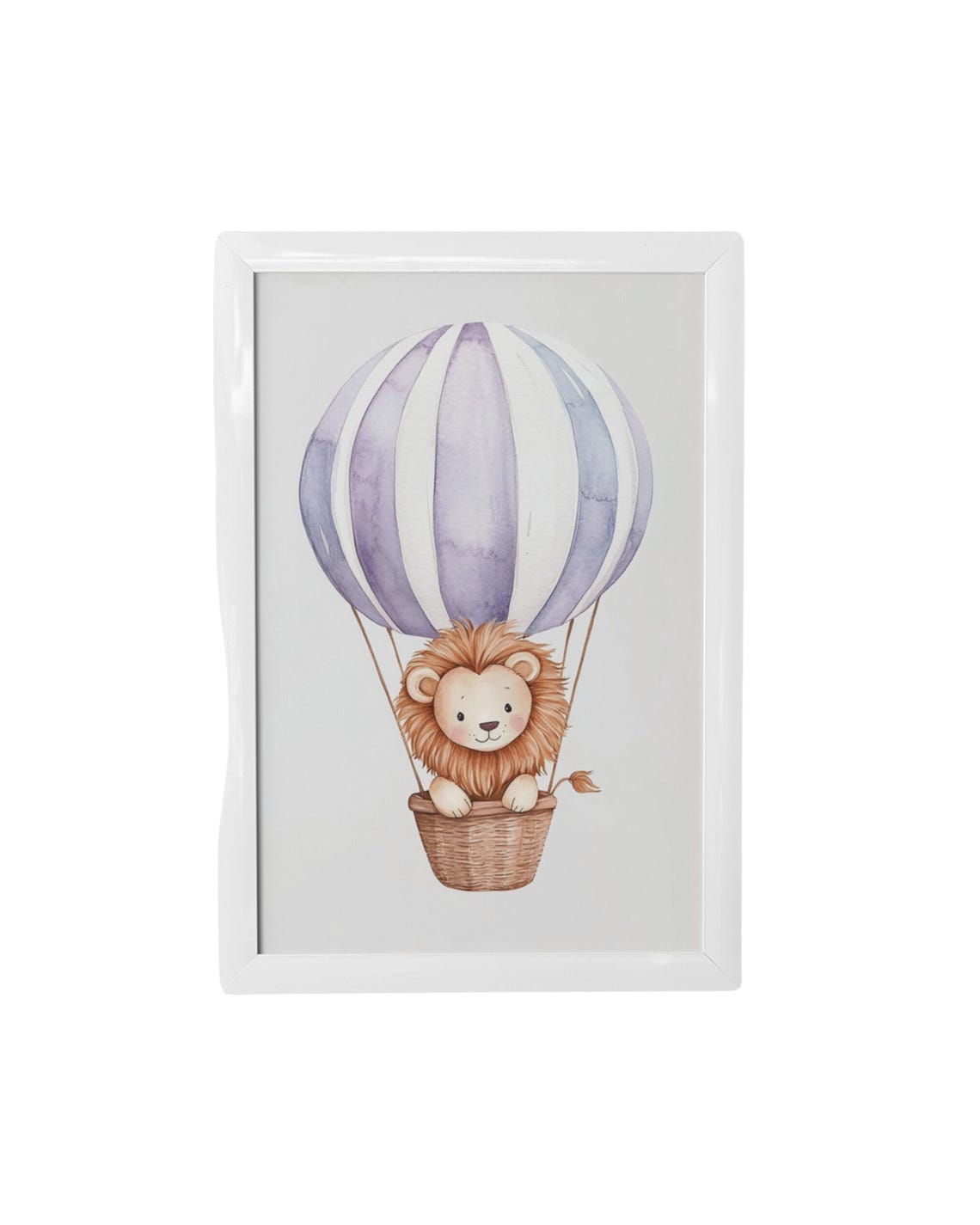 Baby Lion In Lavender Striped Hot Air Balloon Basket Nursery Poster