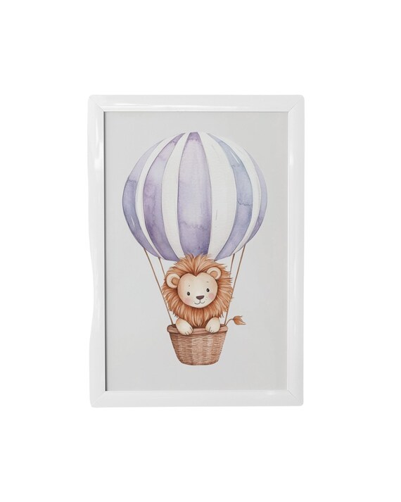 Baby Lion In Lavender Striped Hot Air Balloon Basket Nursery Poster