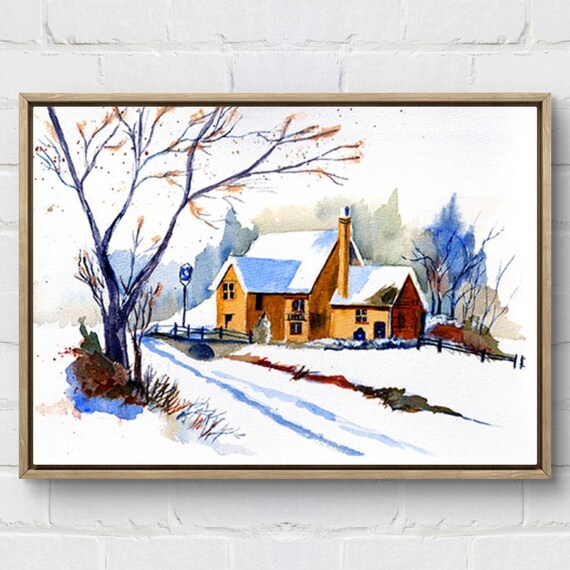 Vintage Winter Watercolor Art Print, Snowy Cabin Landscape