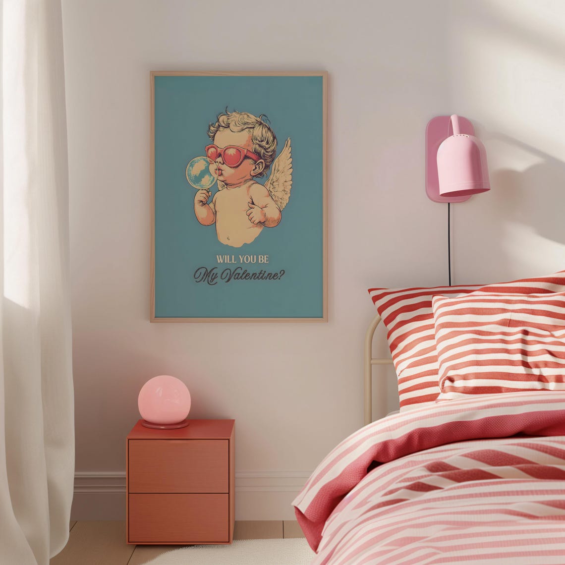 Retro Cupid Blowing Bubble Pink Sunglasses Will You Be Mine Poster - Image 4