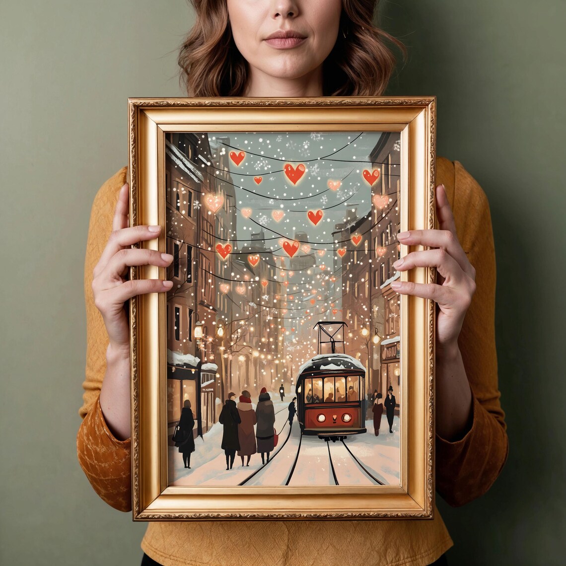 Valentine Winter Street Heart Lights Red Trolley Snow Art Poster - Image 4