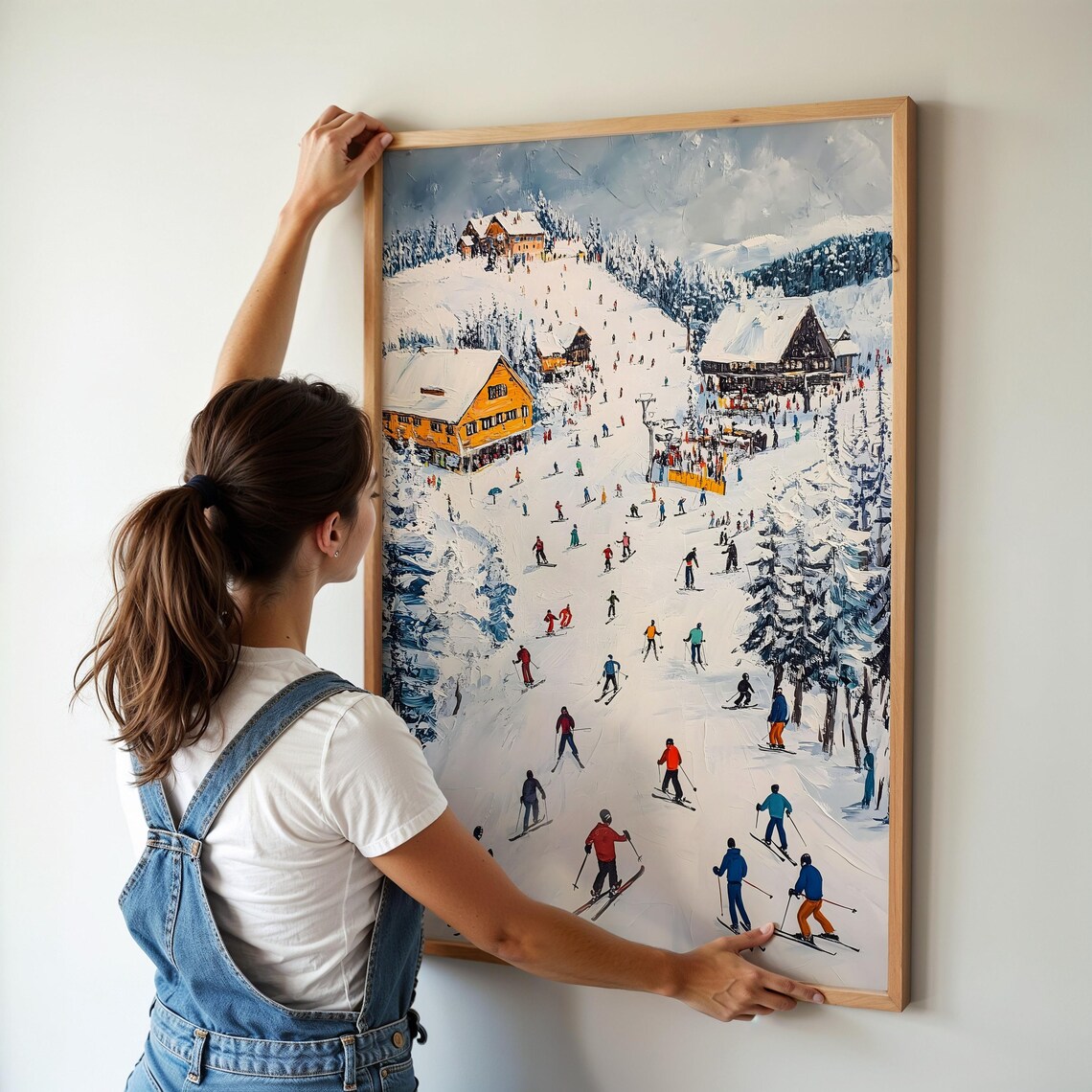 Ski Resort Winter Slopes Crowded Skiers Alpine Village Oil Poster - Image 5