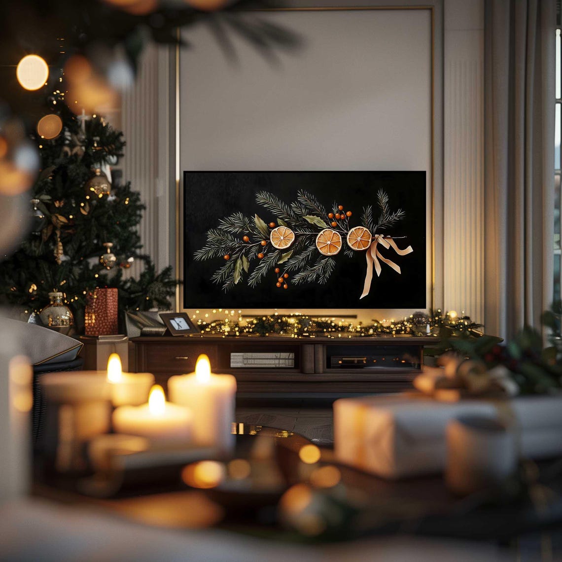 Moody Christmas Garland Pine Dried Orange Berries Black Art Poster - Image 5