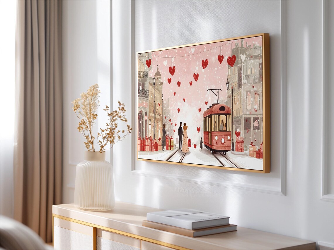 Valentine Snowy Pink Street Red Tram Gifts Hanging Hearts Poster - Image 3