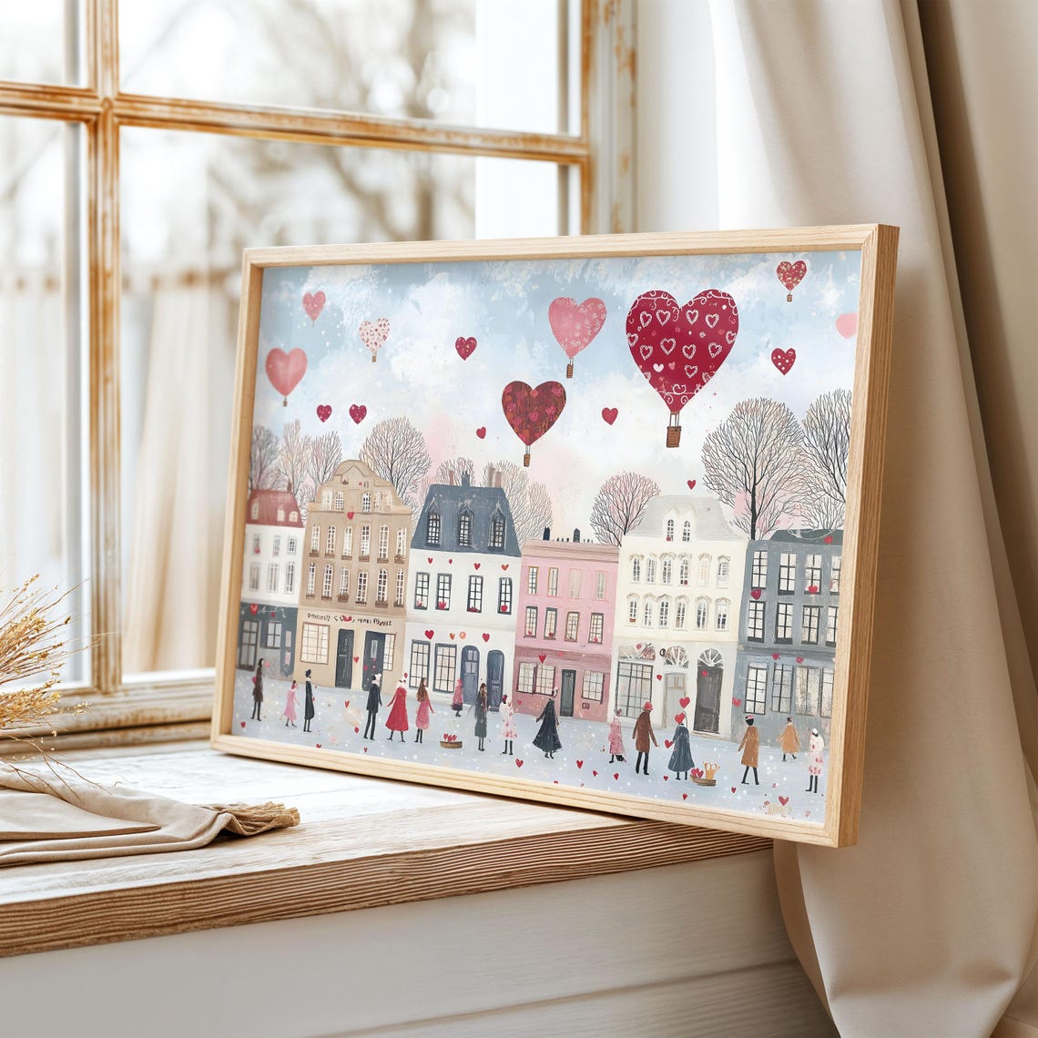 Heart Hot Air Balloons Over Valentine Town Square Romantic Poster - Image 2