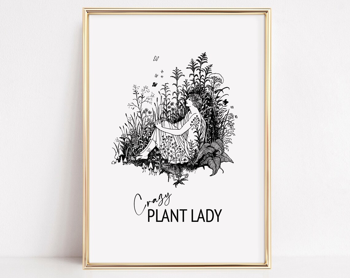 Crazy Plant Lady Botanical Line Drawing Gardener Wall Decor Poster