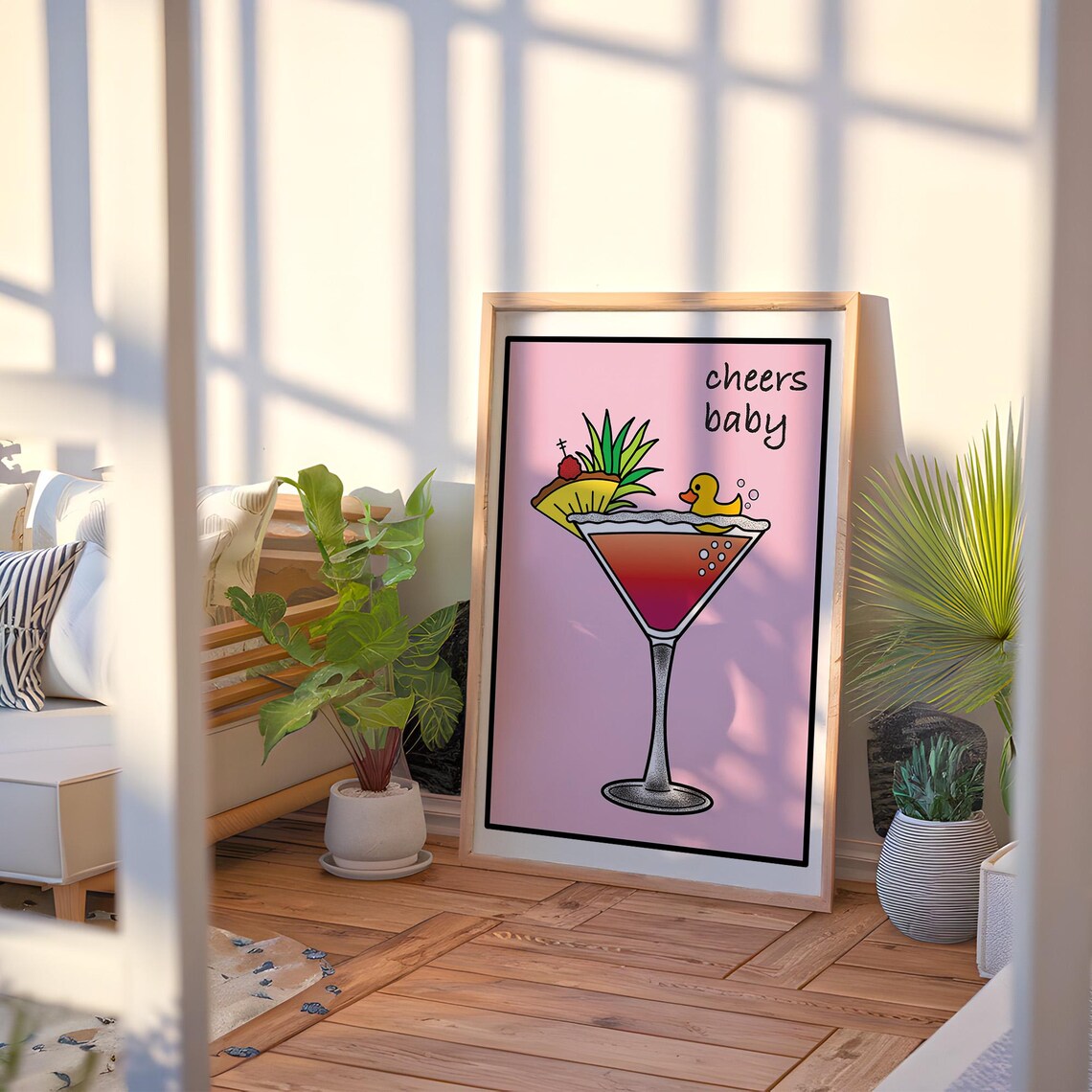 Cheers Baby Pink Martini Cocktail with Duck Fun Bar Decor Print