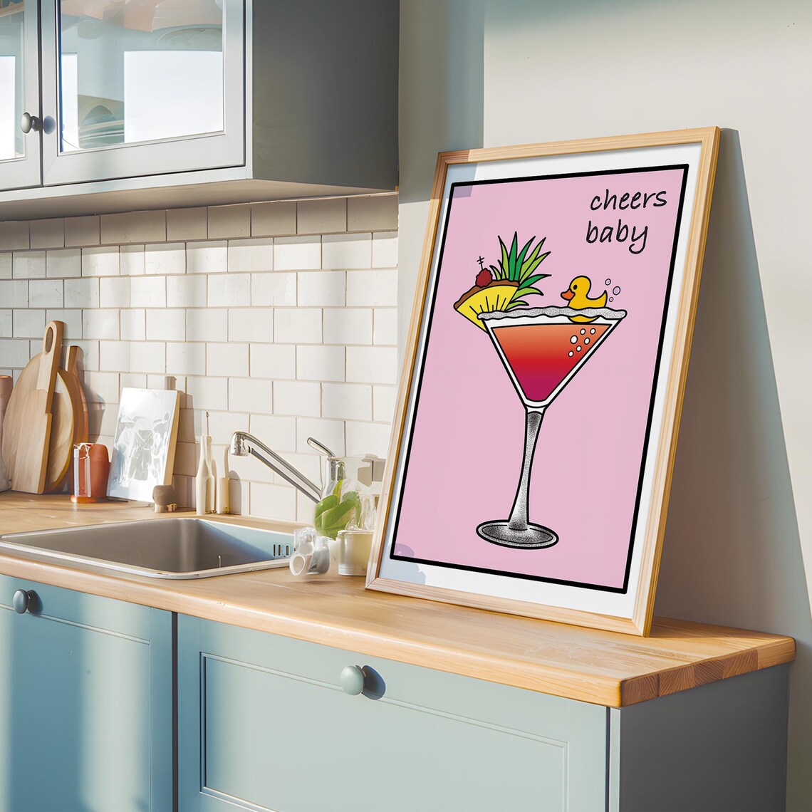 Cheers Baby Pink Martini Cocktail with Duck Fun Bar Decor Print - Image 5