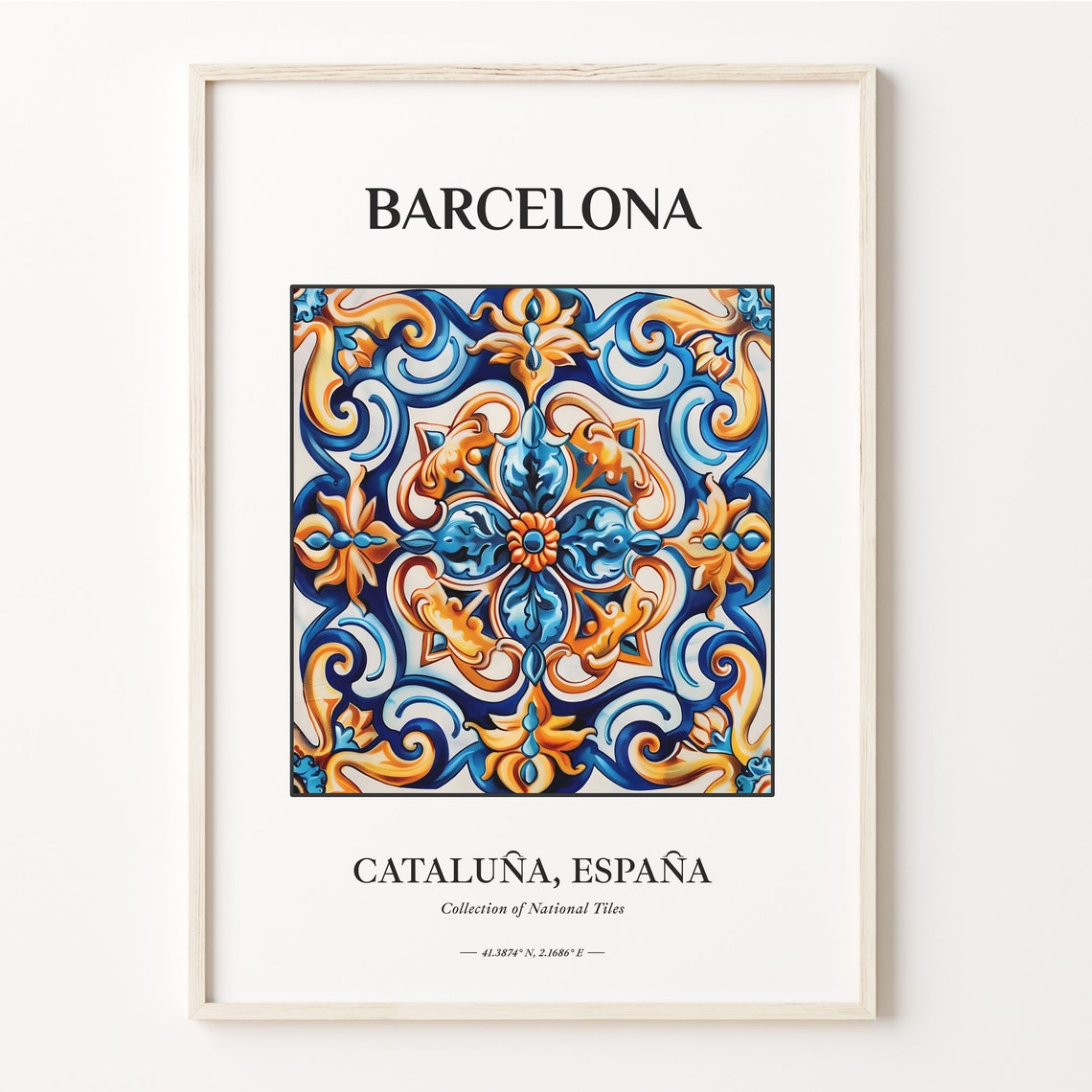 Barcelona Cataluna Spain Blue Ochre Quatrefoil Tile Decor Poster