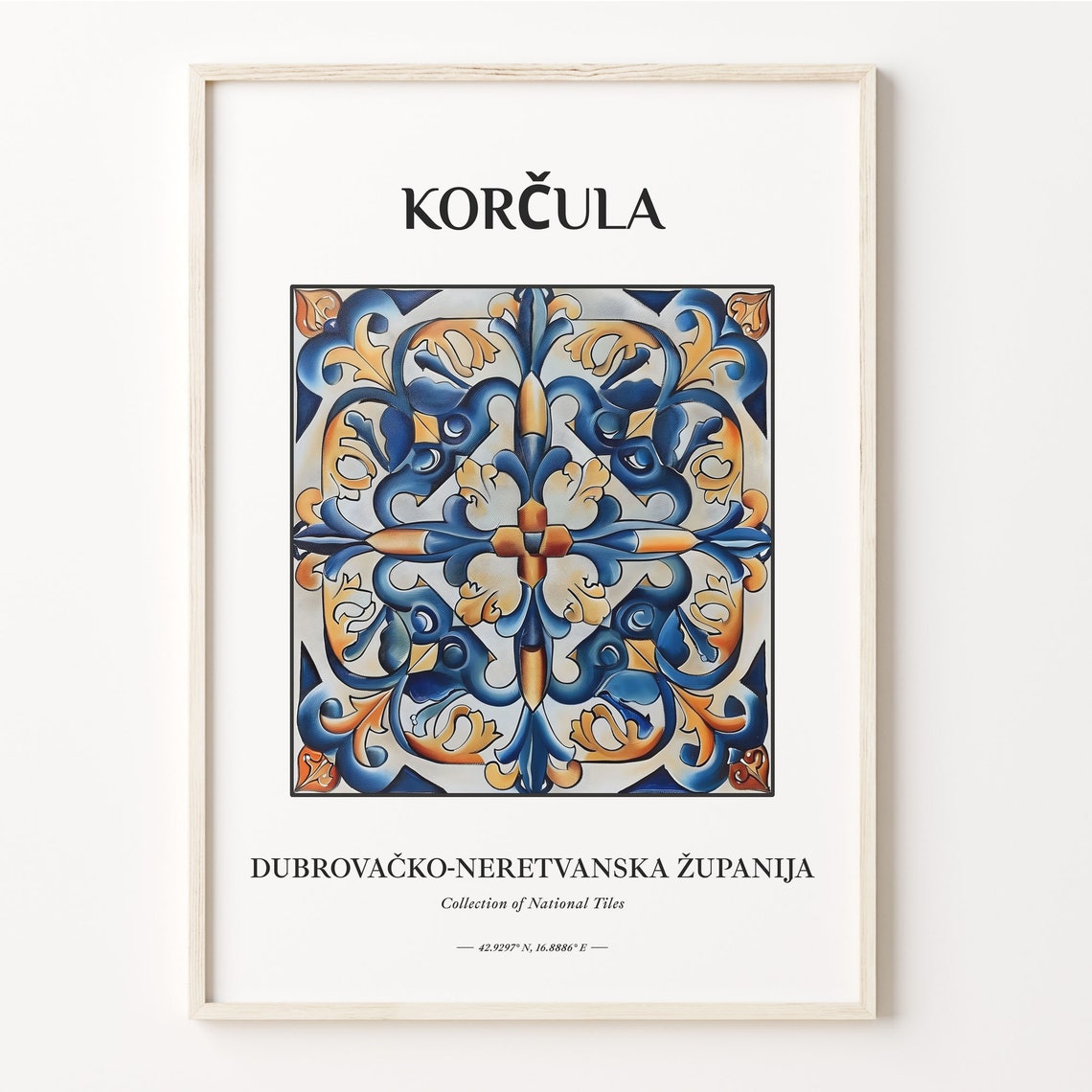 Korc ula Croatia Blue Ochre Arabesque Scroll Tile Medallion Poster