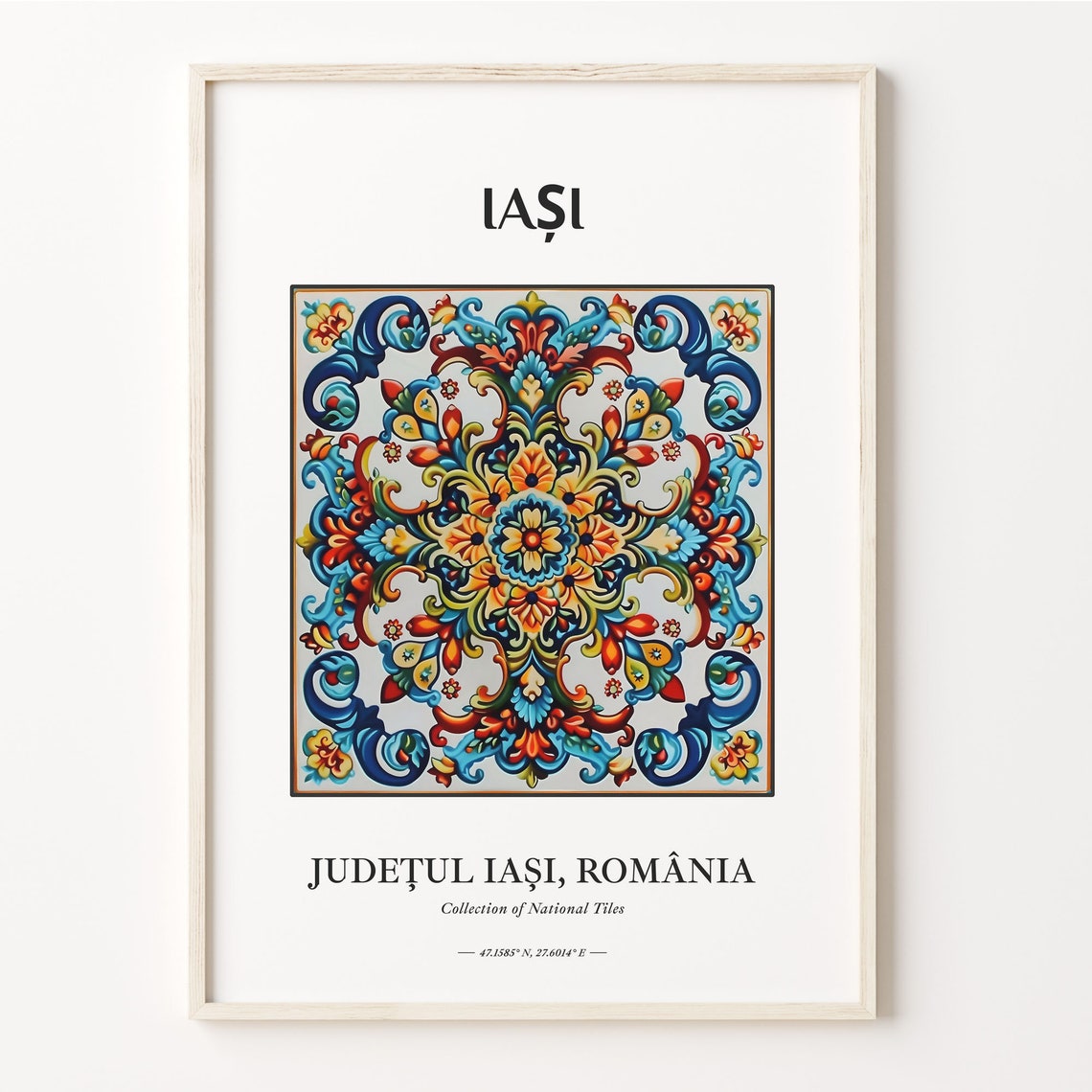 Iasi Romania Red Blue Gold Dense Floral Folk Tile Art Poster