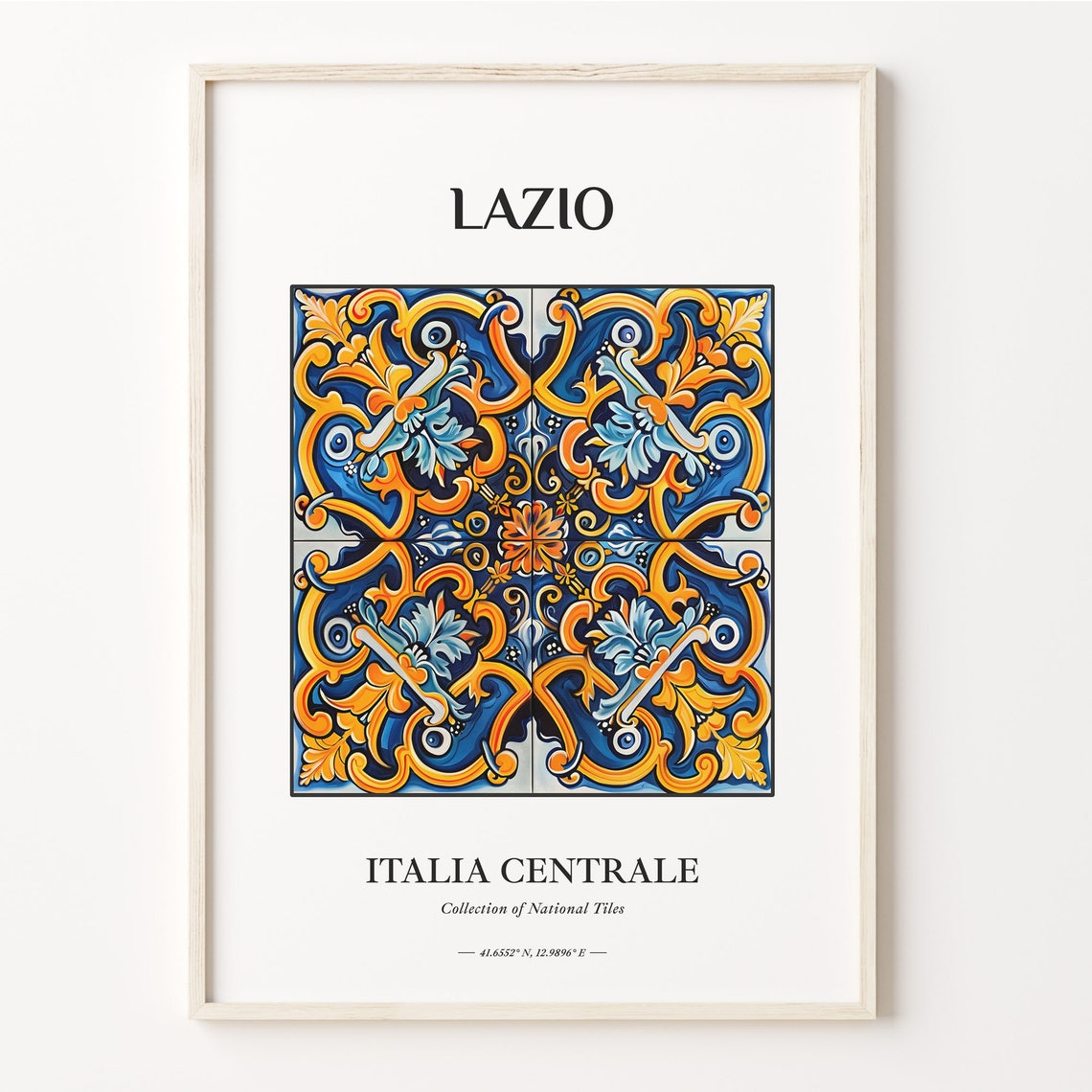 Lazio Central Italy Blue Ochre Baroque Acanthus Tile Decor Poster