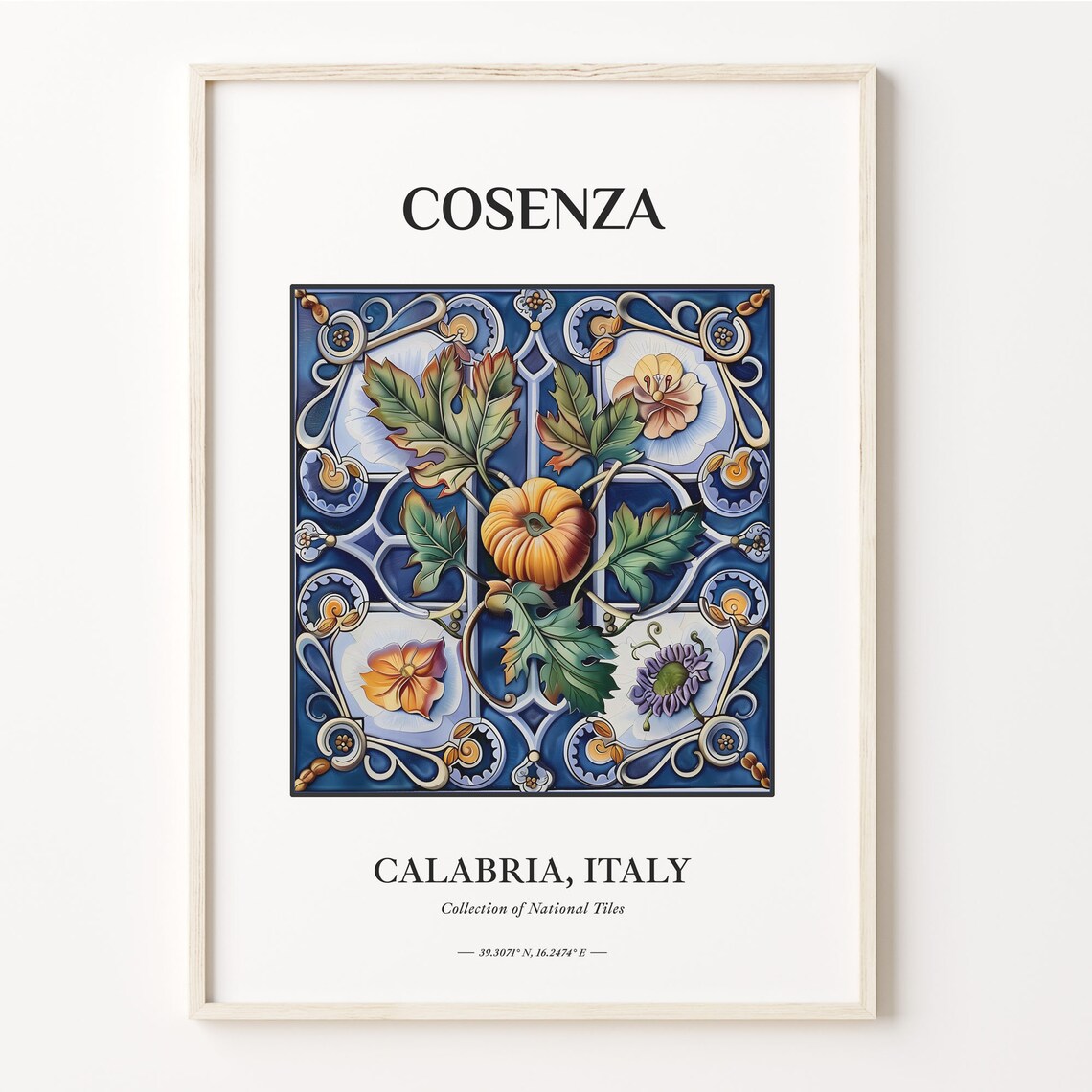 Cosenza Calabria Italy Blue Pumpkin Floral Maiolica Tile Print