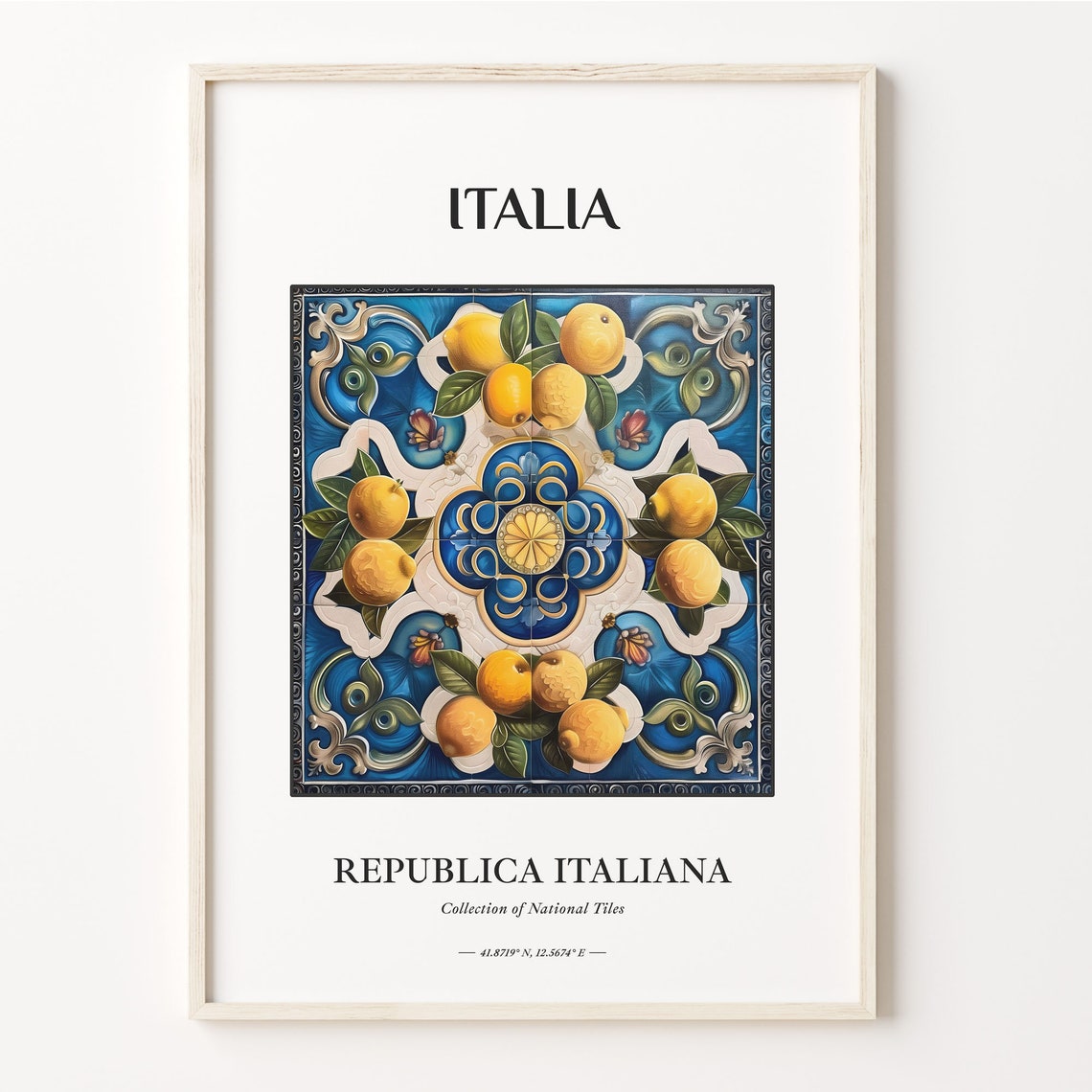 Italia Lemon Tile Art Blue White Citrus Pattern Aesthetic Poster