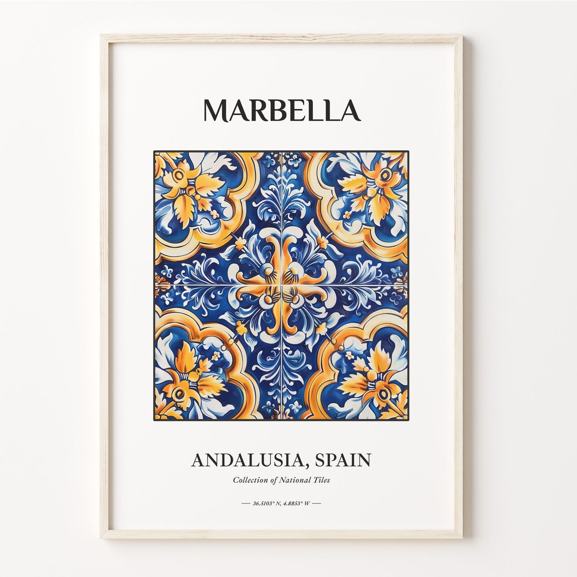 Marbella Andalusia Spain Cobalt Blue Gold Ceramic Tile Art Poster
