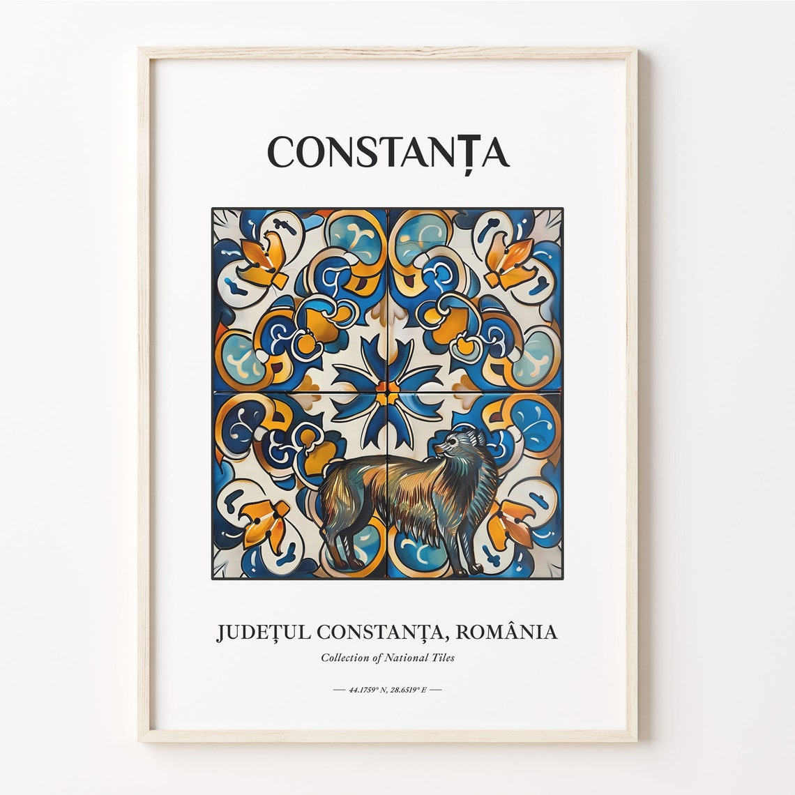 Constanta Romania Folk Wolf Blue Orange Tile Pattern Art Poster