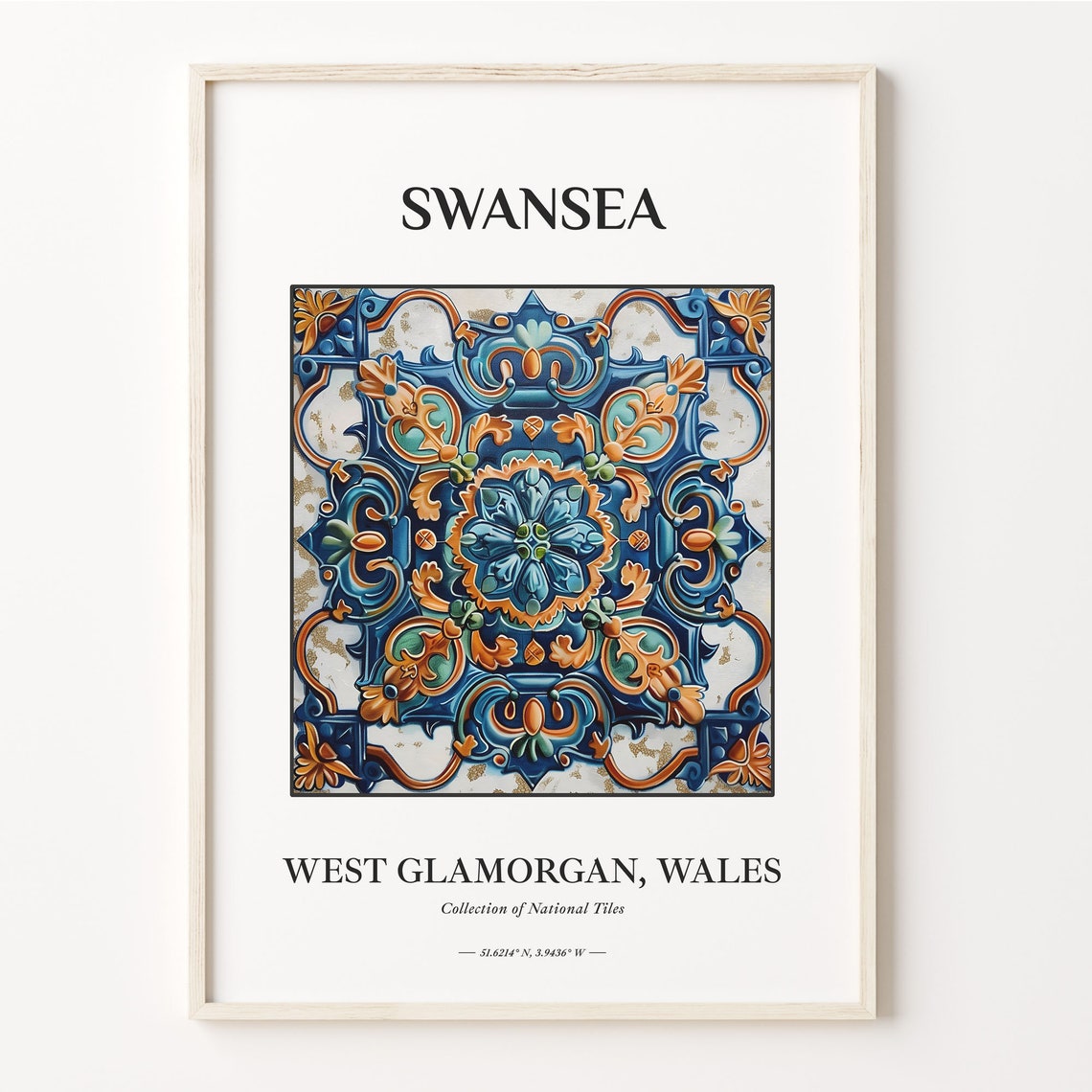 Swansea Wales Blue Orange Gold Speckle Tile Medallion Art Poster