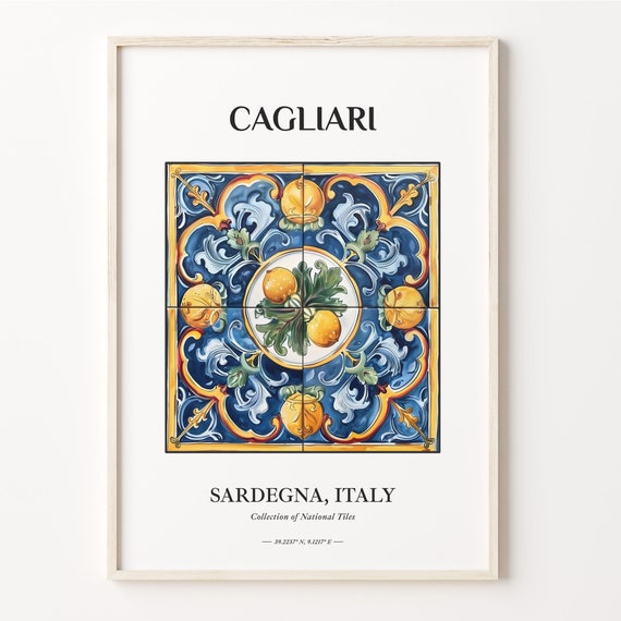 Cagliari Italy Art Print Lemon Tile Pattern Green Leaves Wall Decor Aesthetic Poster Sardegna Home Decor C32 386