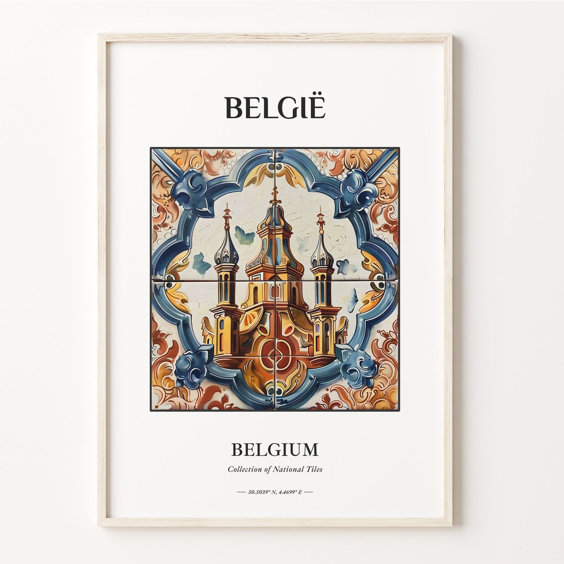 Belgie Belgium Tile Poster with Gothic Cathedral Architecture