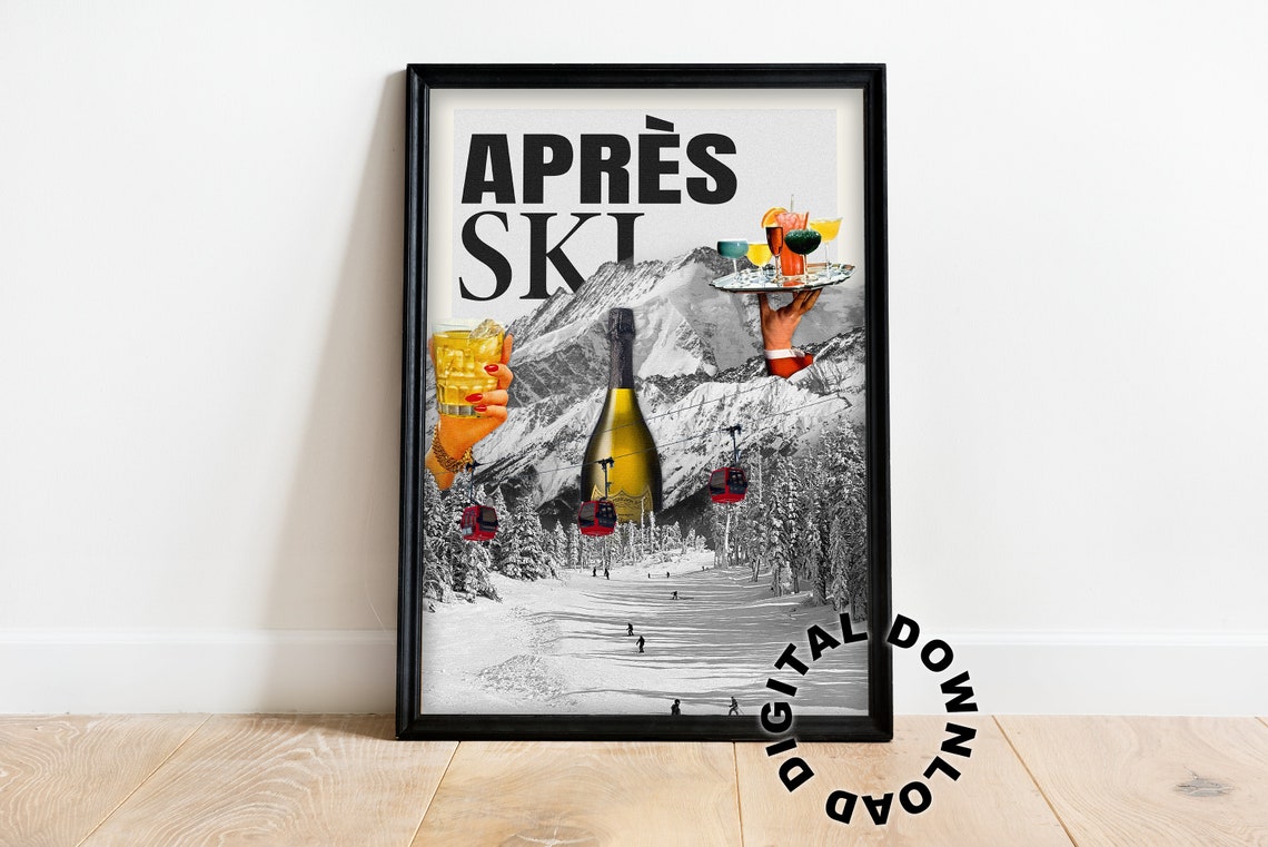 Après Ski Vintage Collage With Champagne And Mountain Gondolas Poster