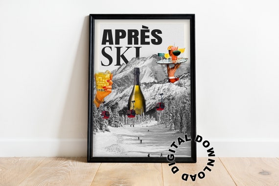 Apres Ski Vintage Collage Print Alcohol Retro Newspaper Wall Art