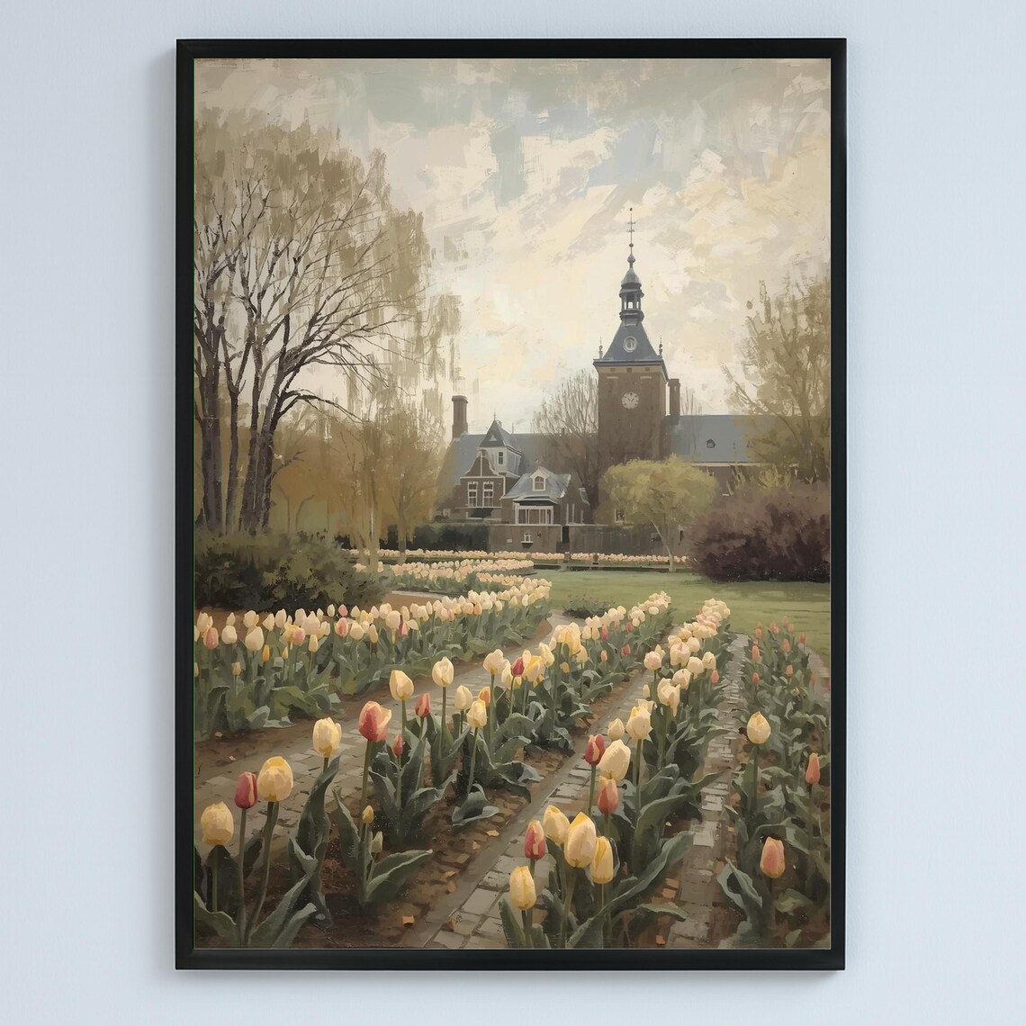 Dutch Tulip Garden Spring Rows Historic Tower Realism Art Poster