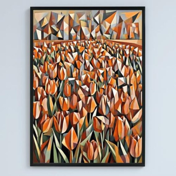 Cubist Tulip Field Orange Faceted Geometric Modern Flower Poster