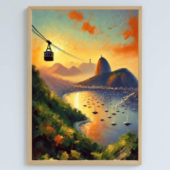 Rio de Janeiro Sugarloaf Cable Car Sunset Bay Painting Poster