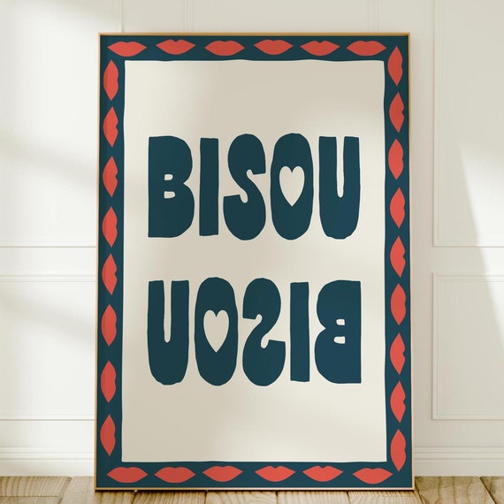 Bisou Bisou French Quote Print In Blue Unframed Kisses Lips Text Typography Wall Art Bold Vibrant Decor