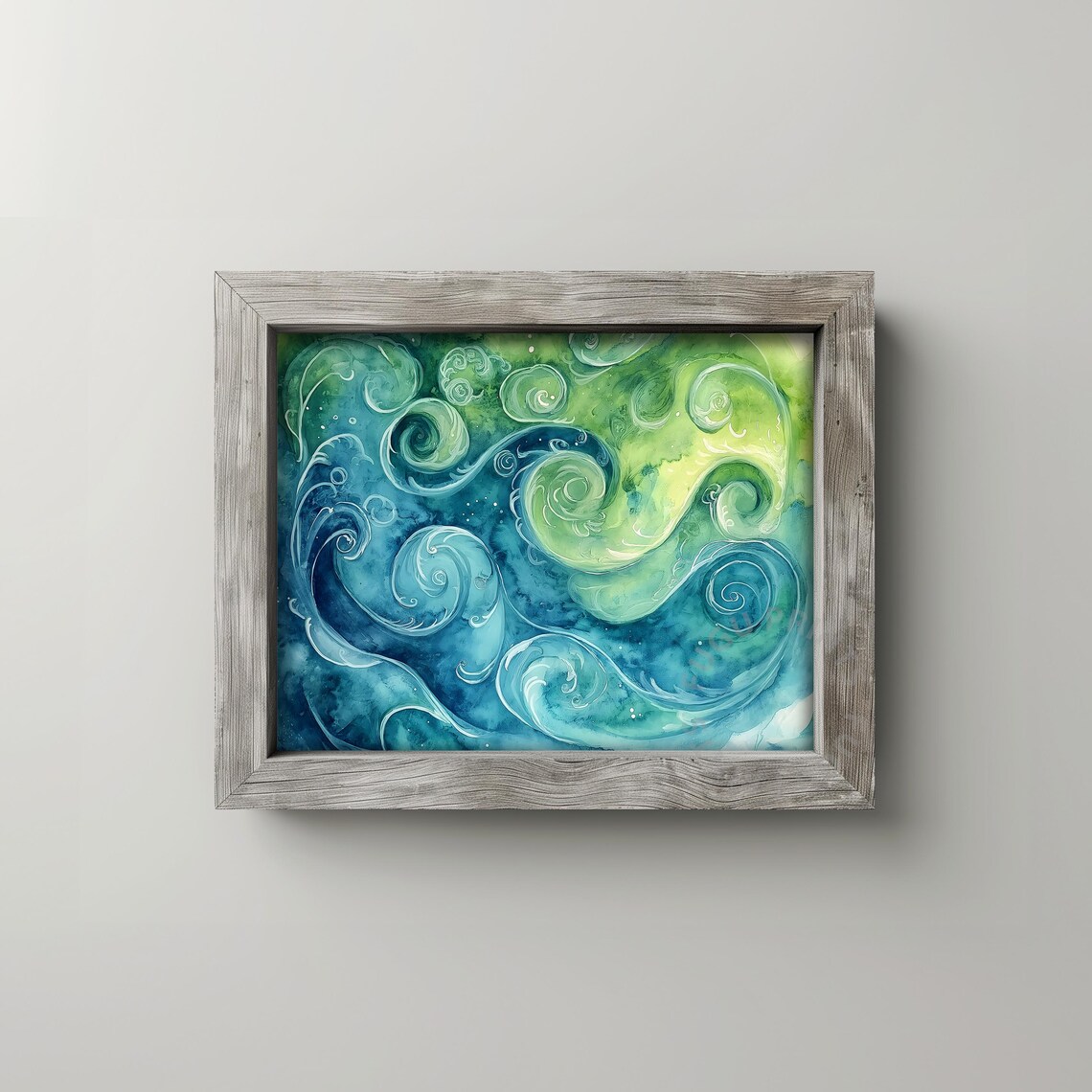 Blue Green Abstract Watercolor Swirls, Coastal Decor - Image 2