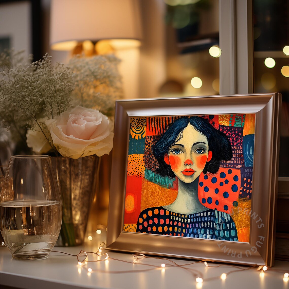 Colorful Patchwork Woman Portrait with Dark Hair Boho Decor Wall Art - Image 3