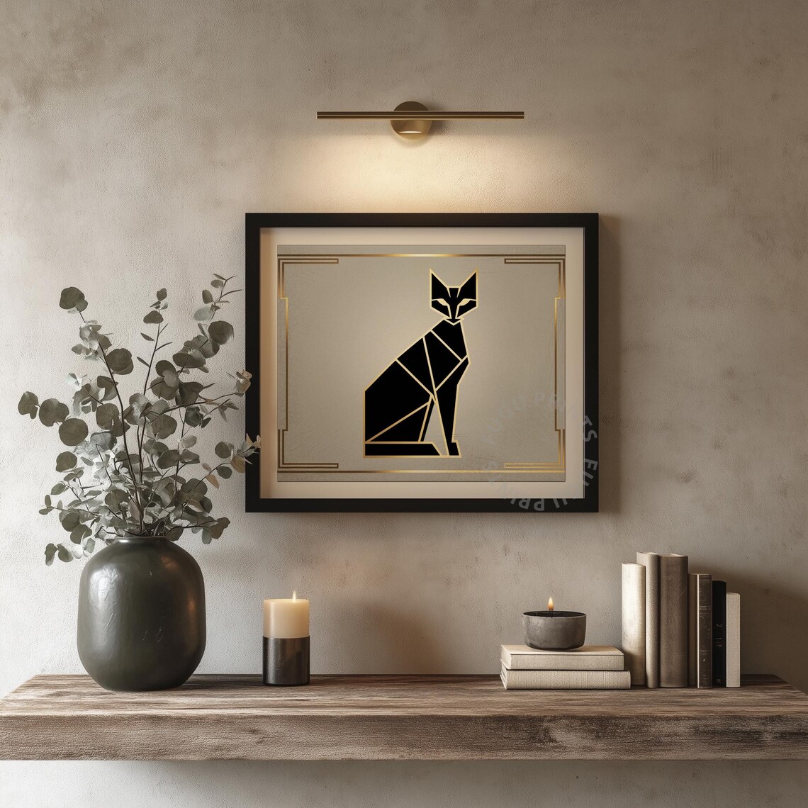 Art Deco Geometric Sitting Black Cat with Gold Outlines on Gray Poster - Image 4