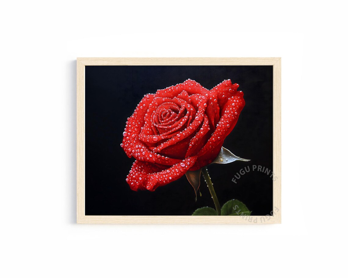Red Rose Art Print, Realistic Dark Floral