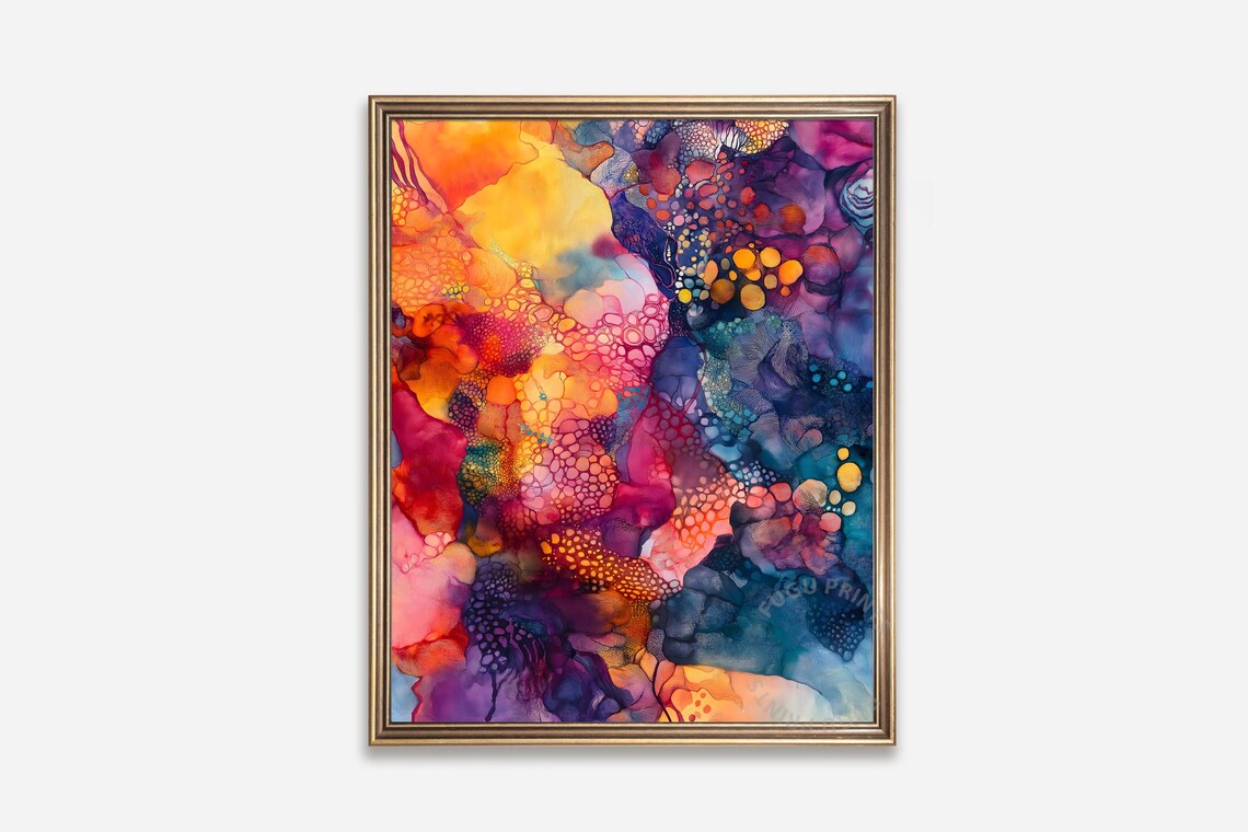 Abstract Cell Art Fluid Ink Wall Art Orange Teal Boho Decor 172