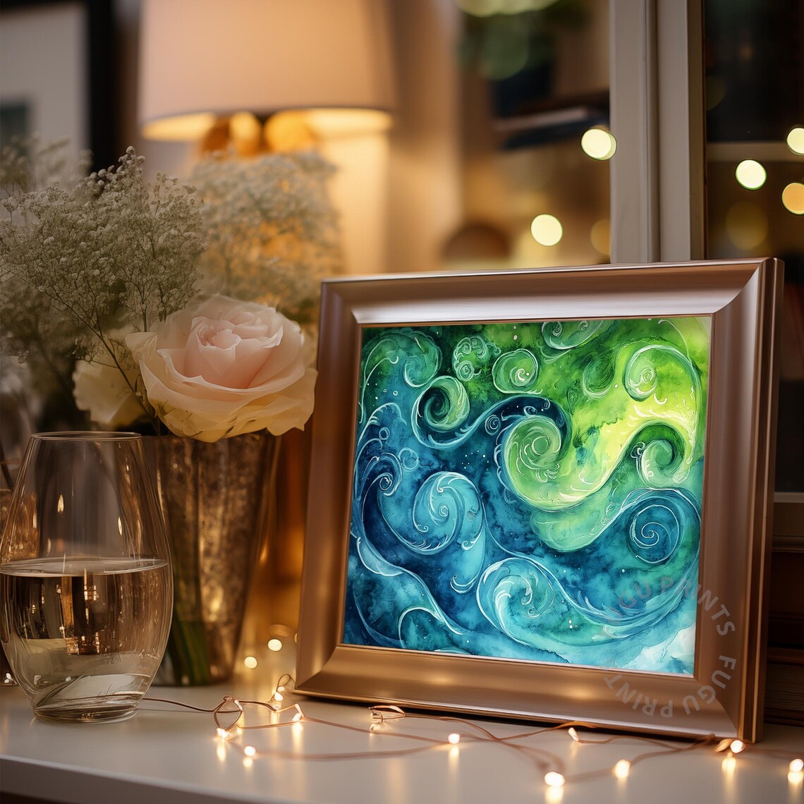 Blue Green Abstract Watercolor Swirls, Coastal Decor - Image 3