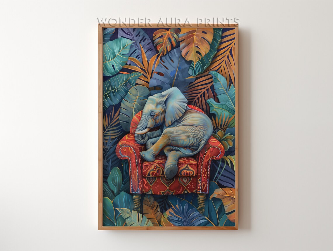 Elephant Sleeping Maximalist Bedroom Wall Art Print Dopamine Decor Jungle Wonder Aura Prints
