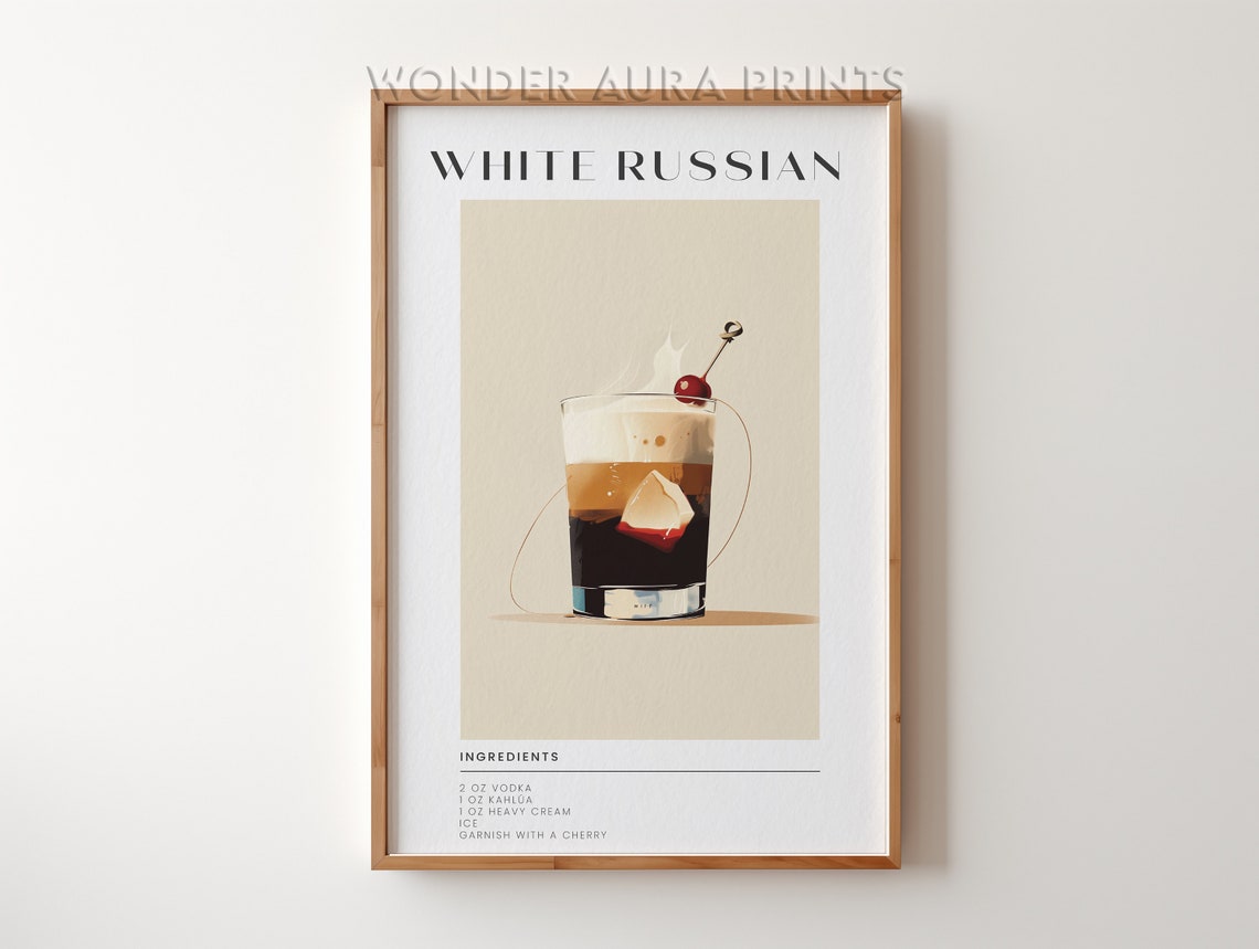 White Russian Cocktail Recipe With Ingredients Classic Bar Cart Print