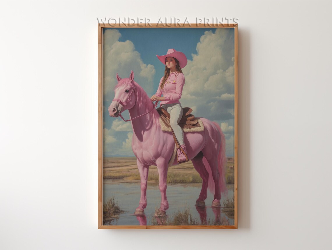 Smiling Cowgirl Riding A Pink Horse On Western Ranch Wall Art